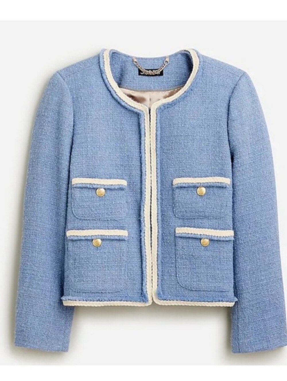 J. Crew Frances Lady Jacket Light Blue Cropped Bouclé WoolJacket with Cream Trim